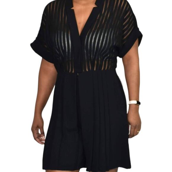 Kay Unger Romper Black Pleated Short Mesh Tailored Sheer Striped Wide Leg Size 6 - Picture 10 of 16